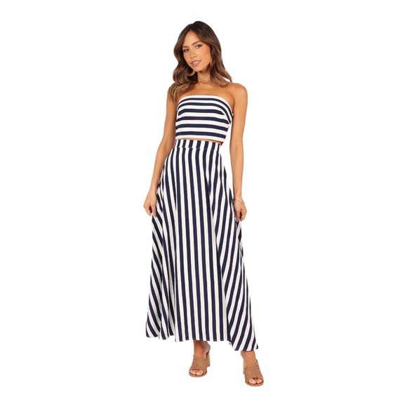 Petal + Pup Navy Blue White Striped Maxi Skirt High Waisted Full Length Small - Picture 1 of 9